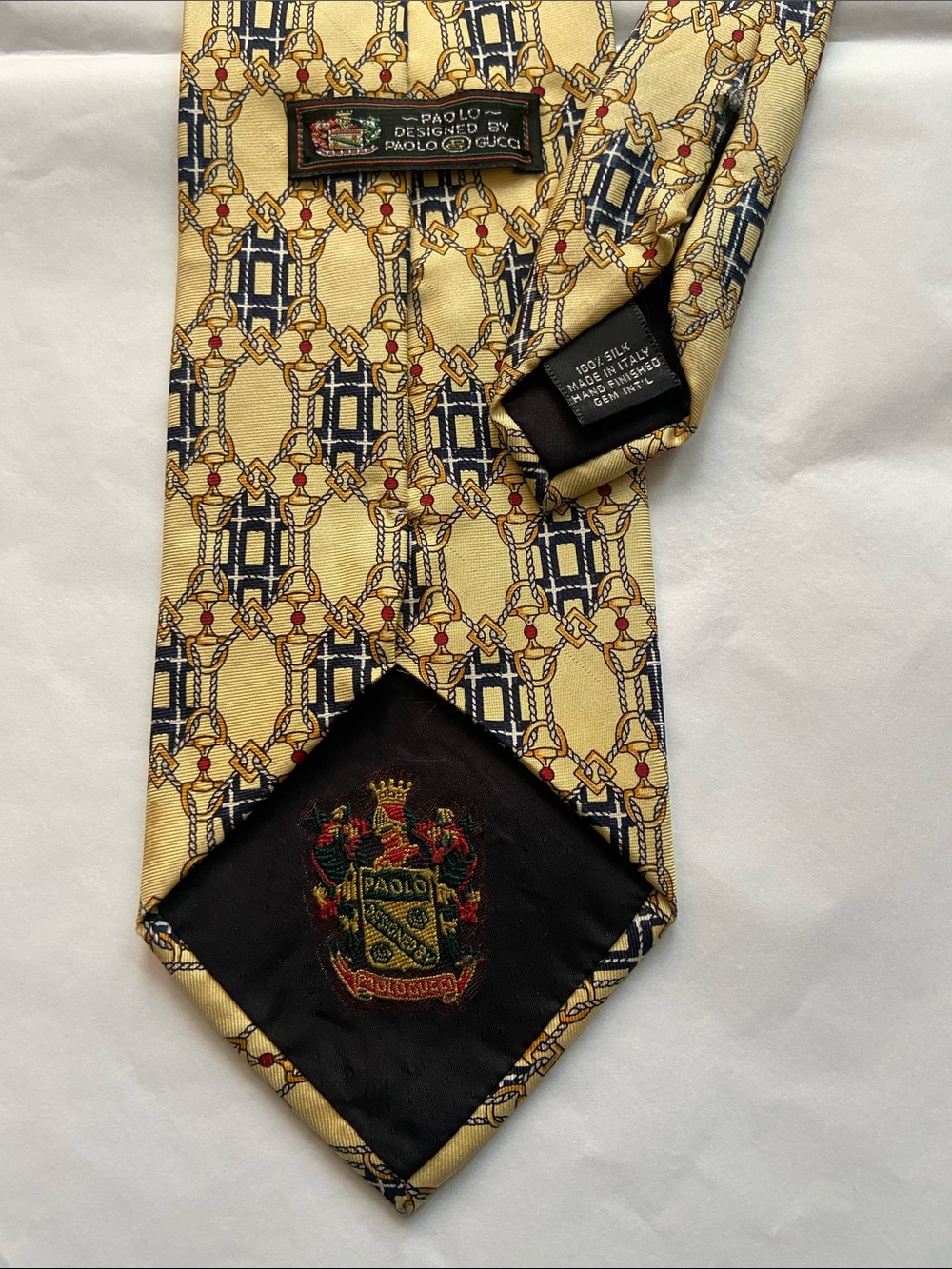 Vintage Paolo Gucci Necktie Yellow Equestrian Chain Link Men’s Tie Italy Silk